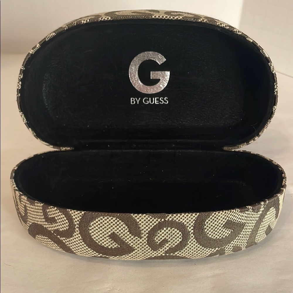 G by GUESS Brown Logo Pattern Hard Clamshell Case for Sunglasses or Eyeglasses